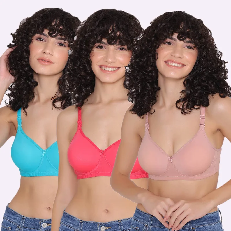 Women's Padded and Non Wired Full Coverage T-Shirt Bra (Pack of 3)-LILY