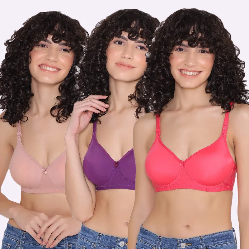 Women's Padded and Non Wired Full Coverage T-Shirt Bra (Pack of 3)-LILY