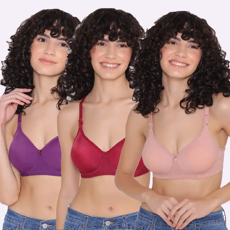Women's Padded and Non Wired Full Coverage T-Shirt Bra (Pack of 3)-LILY