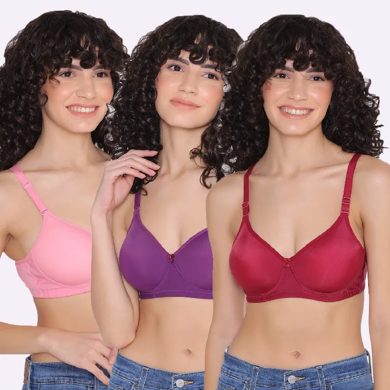 Women's Padded and Non Wired Full Coverage T-Shirt Bra (Pack of 3)-LILY