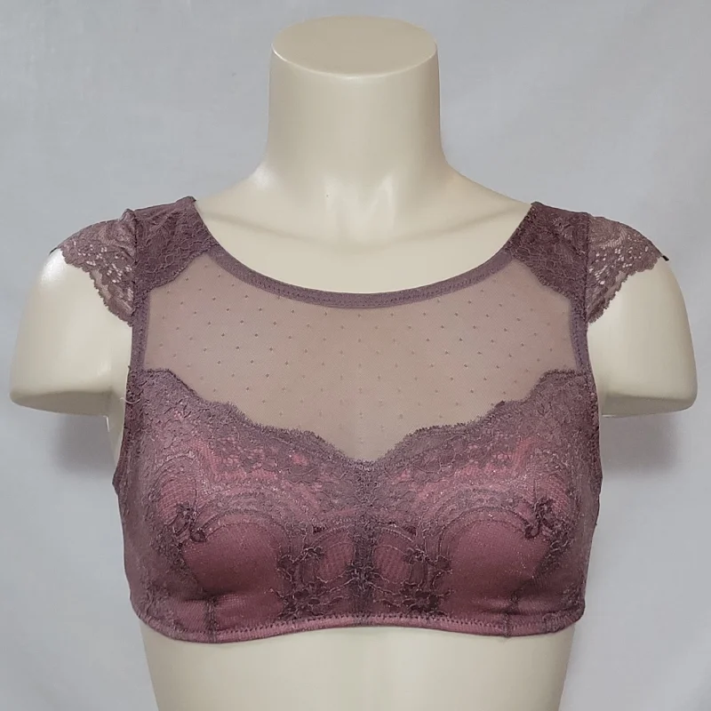 Gilligan & O'Malley Cap Sleeve High Neck Lace Bralette Wire Free Brown Rose X-SMALL