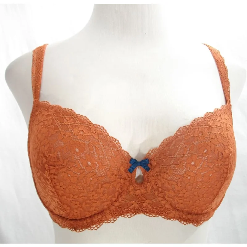 Gilligan O'Malley Unlined Semi Sheer Lace Balconette Underwire Bra 34D Orange Penny