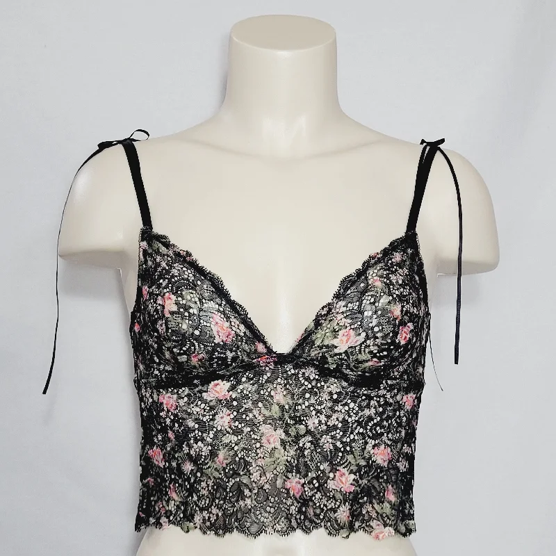 Love by Gap Black & Pink Floral Lace Longline Triangle Bralette SMALL Pink Floral