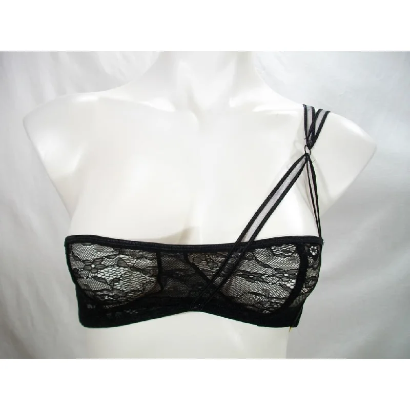 Sam Edelman Asymmetrical Semi Sheer Lace Strappy Bralette Bra LARGE Black NWT