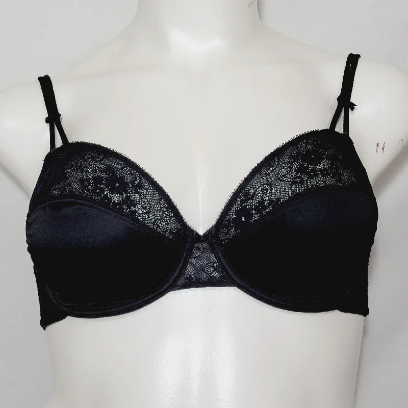 Victoria's Secret Satin & Semi Sheer Lace Divided Cup Underwire Bra 36D Black