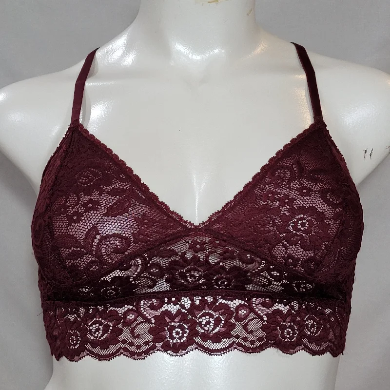 Xhilaration Wire Free Racerback Sheer Lace Bralette LARGE Boysenberry Red NWT